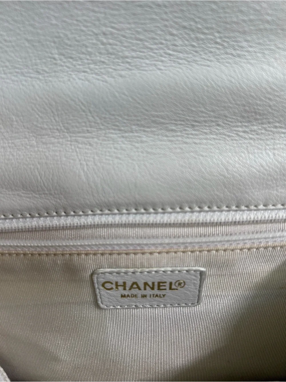 peach satin Chanel Chocolate Bar flap bag white trim and gold-tone hardware